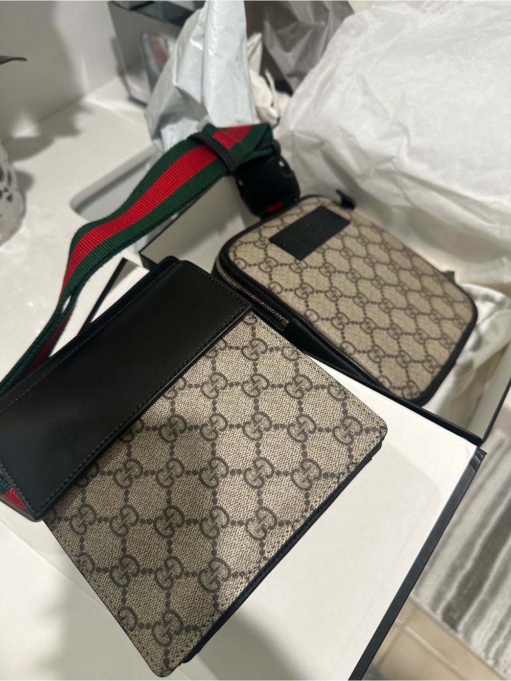 Gucci Beige GG Canvas Crossbody with Black Trim and Green/Red Strap
